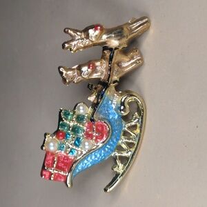 Beatrix vintage brooch Christmas reindeer red green enamel gold tone